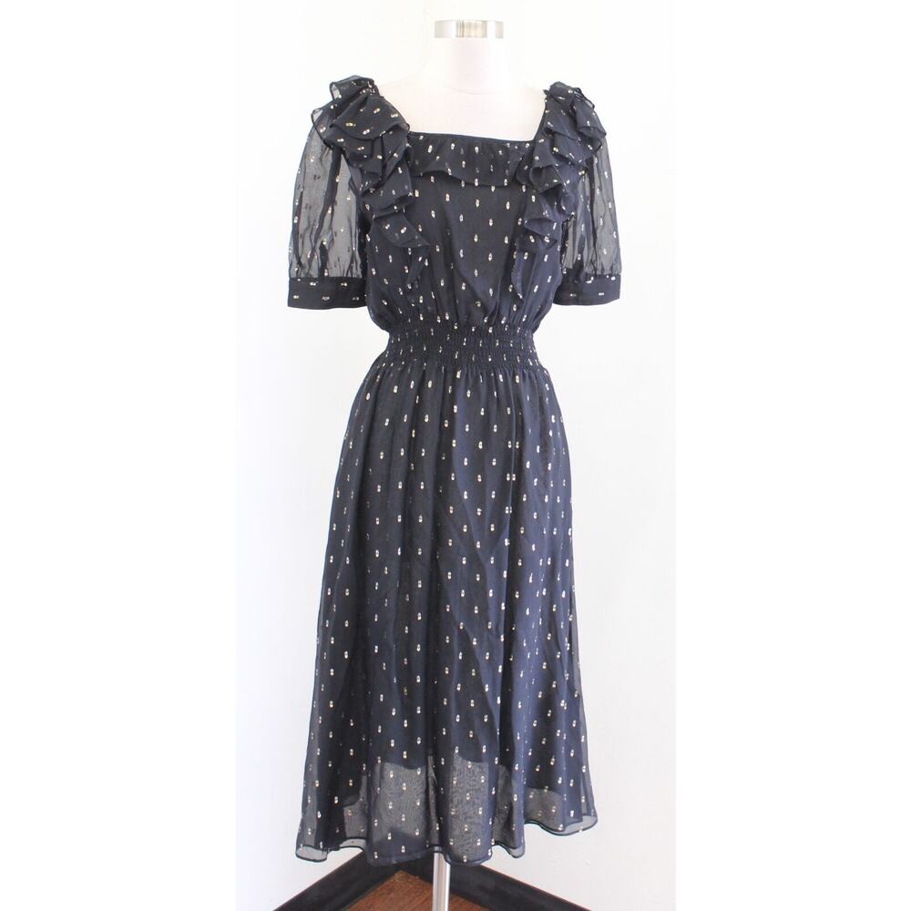 Ba&sh Romeo Black Gold Metallic Ruffle Midi Dress Size 1 / US 4 Silk Ba Sh